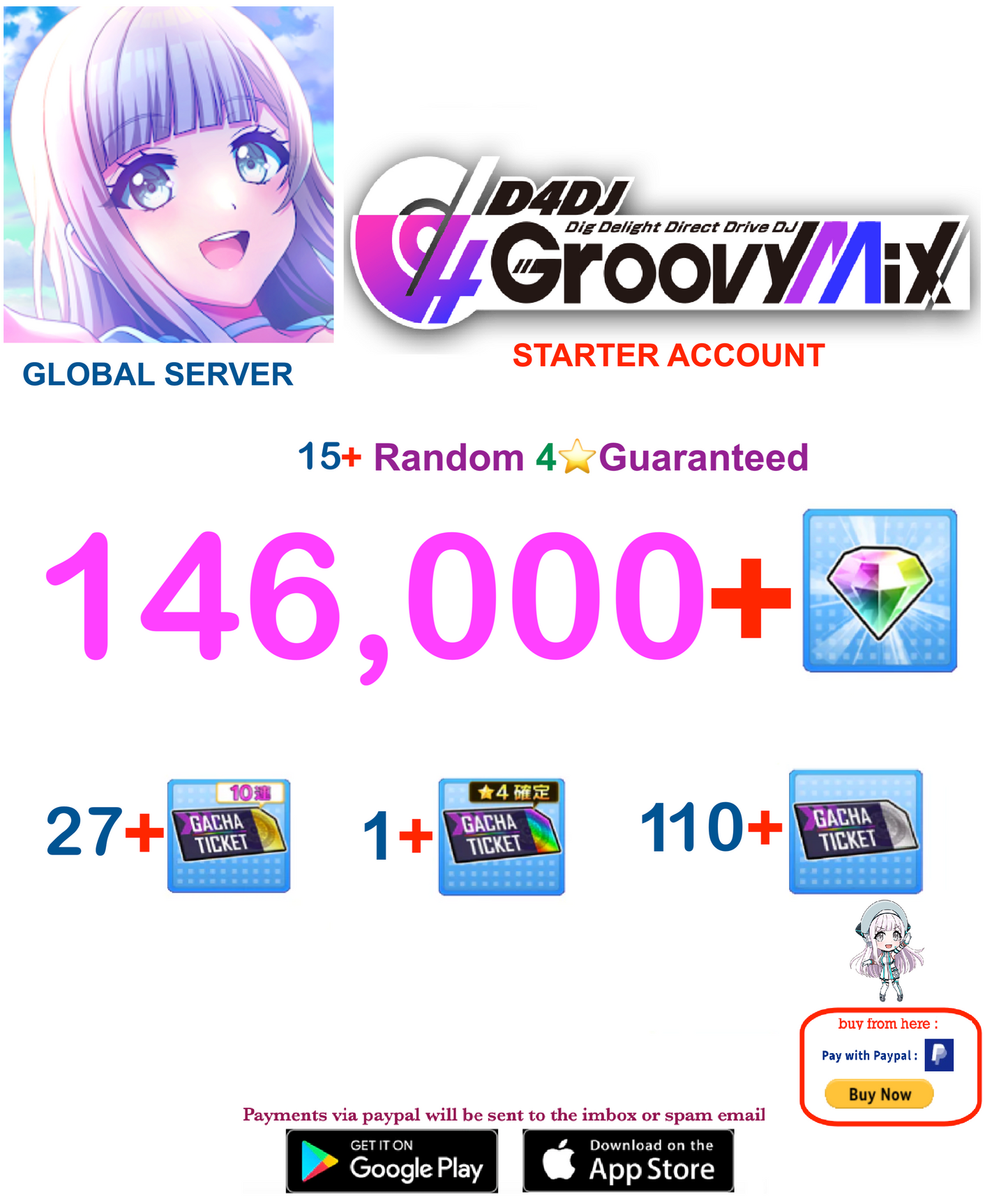 [EN SERVER ] ??+ Gems  D4DJ Groovy Mix Starter Reroll Account v2