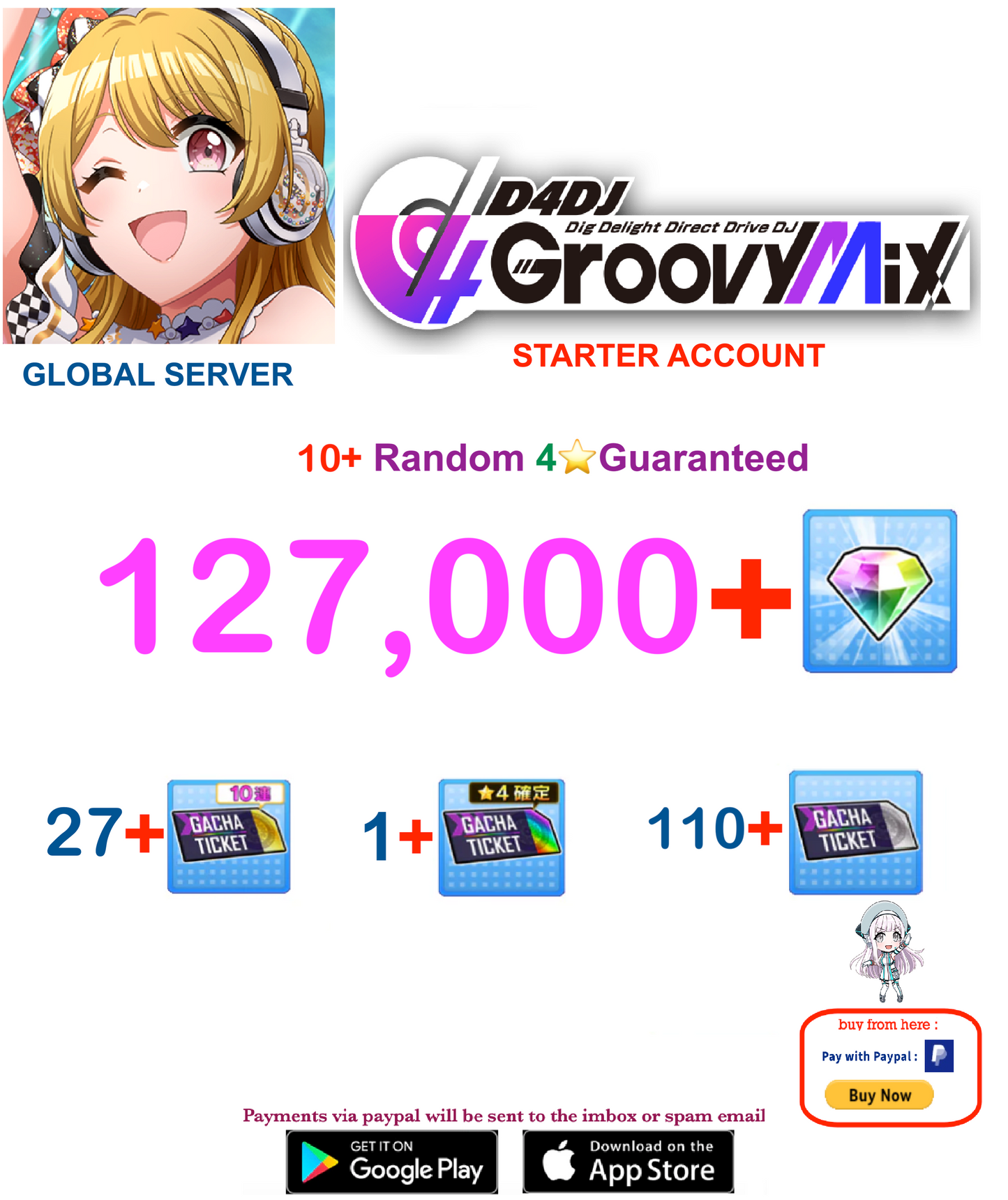 [EN SERVER ] ??+ Gems  D4DJ Groovy Mix Starter Reroll Account