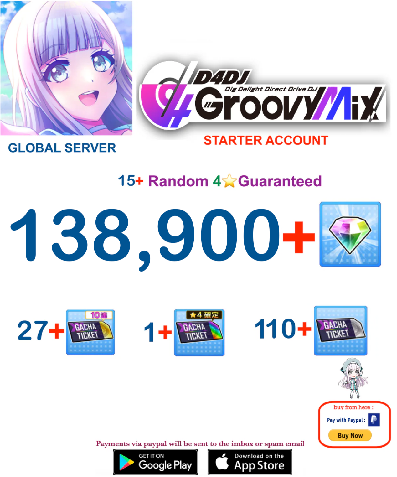 [EN SERVER ] ??+ Gems  D4DJ Groovy Mix Starter Reroll Account v2