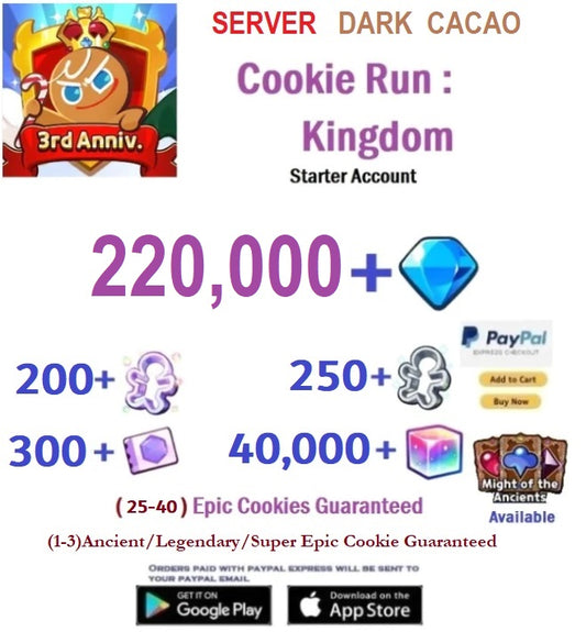 [GLOBAL/Dark Cacao] 220,000+ Gems Cookie Run: Kingdom Starter Reroll Account