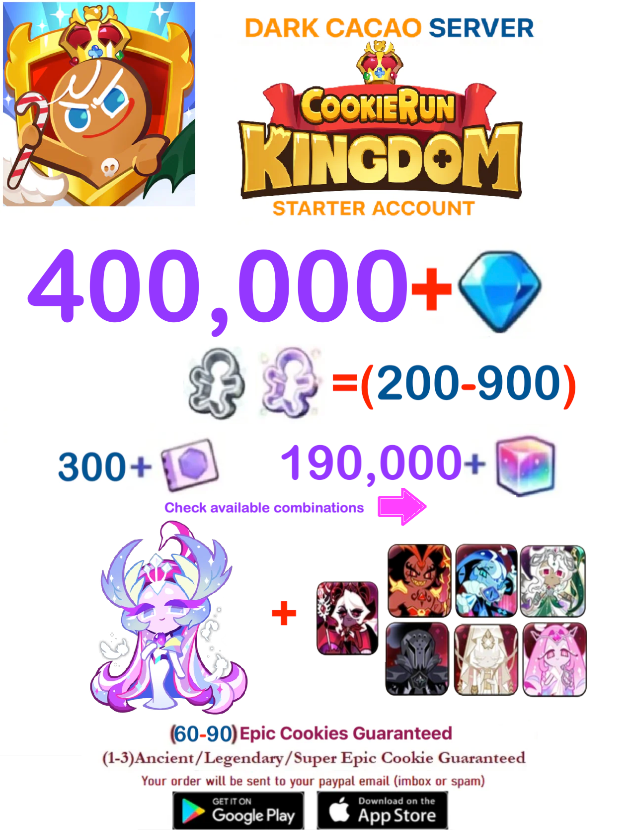 [GLOBAL/DARK CACAO][INSTANT DELIVERY] 400,000+Gems + Sugar Swan Cookie  / Cookie Run: Kingdom Starter Reroll Account