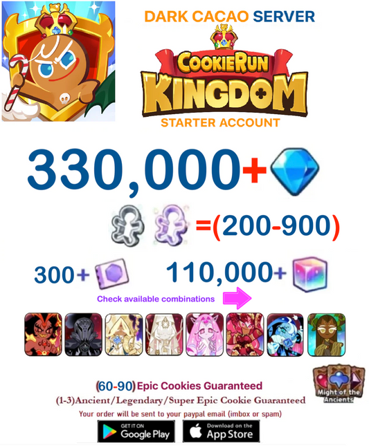 [GLOBAL/DARK CACAO][INSTANT DELIVERY] 320,000+Gems + Silent Salt Cookie + Millennial Tree Cookie  / Cookie Run: Kingdom Starter Reroll Account