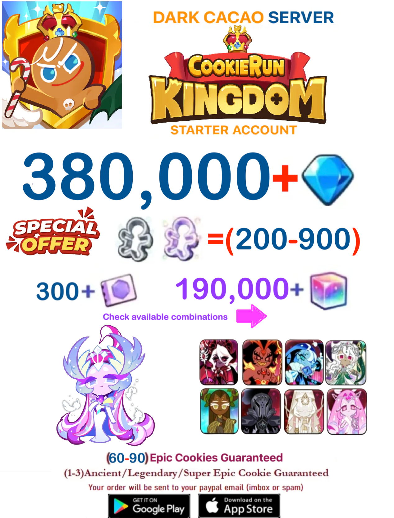 [GLOBAL/Cookie Run] 380,000+Gems  + Multiple Combinations  Cookie Run: Kingdom Starter Reroll Account