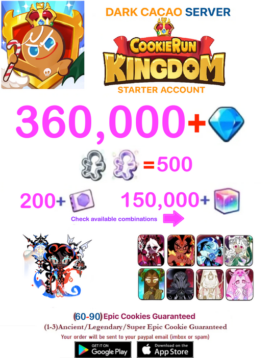[GLOBAL/DARK CACAO][INSTANT DELIVERY] 360,000+ Gems + Cookie Run: Kingdom Starter Reroll Account