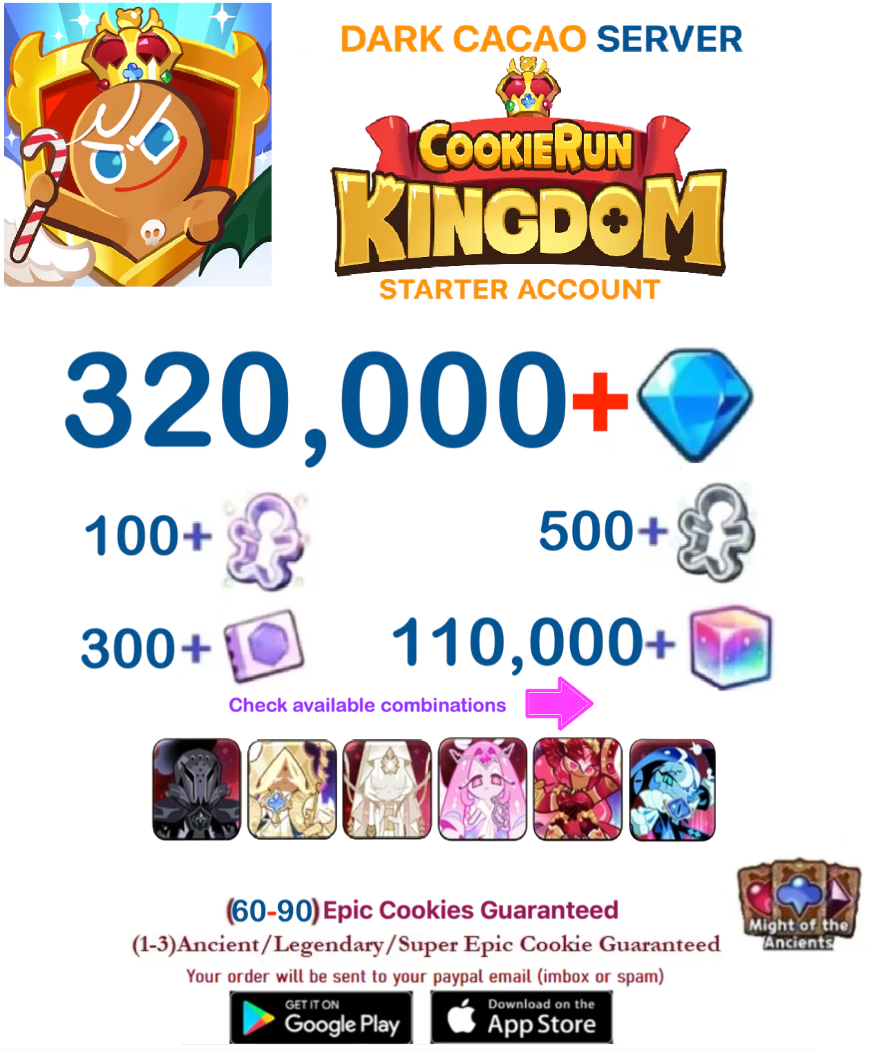 [GLOBAL/DARK CACAO][INSTANT DELIVERY] 320,000+Gems + Silent Salt Cookie   / Cookie Run: Kingdom Starter Reroll Account