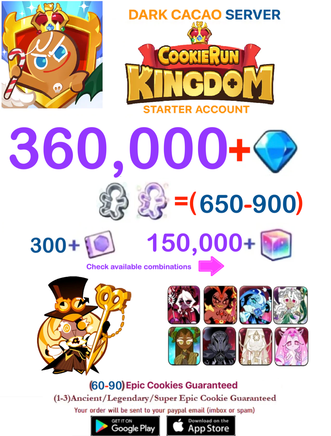 [GLOBAL/DARK CACAO][INSTANT DELIVERY] 360,000+Gems + Timekeeper Cookie  / Cookie Run: Kingdom Starter Reroll Account