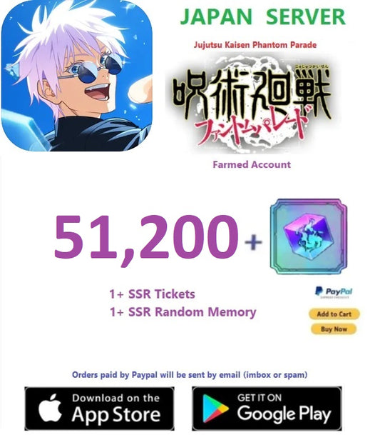 (Japan Server)  51,200  Gems   (BUY 2- GET 3 ) Jujutsu Kaisen: Phantom Parade Reroll Starter Account
