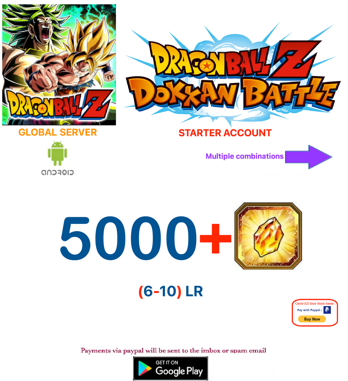 (Global Server)(ANDROID VERSION)  5000 + Dragon Stones  Dragon Ball Dokkan Battle Starter Account