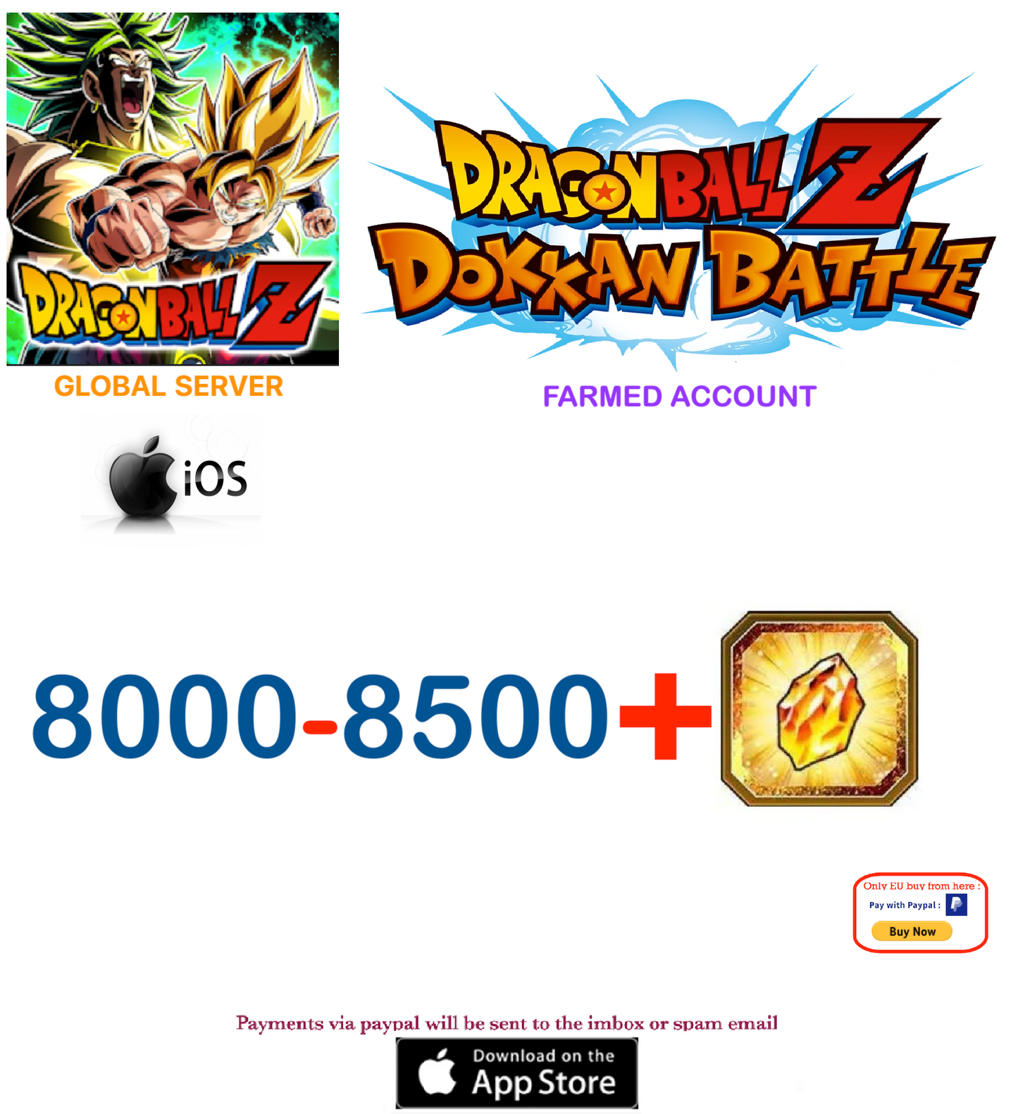 (Global Server)(IOS VERSION)  8000 + Dragon Stones  Dragon Ball Dokkan Battle Farmed Account