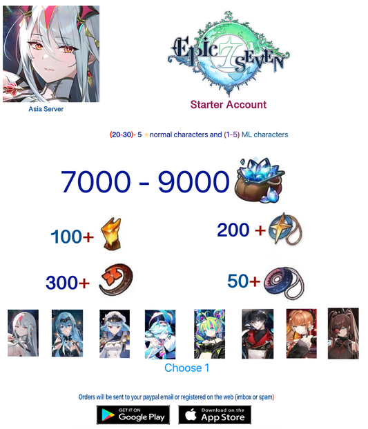 [Asia Server] ⭐ 7000-9000  Skystone - (Select 1 ML) +(20-30)5⭐  EPIC SEVEN Fresh Starter Account