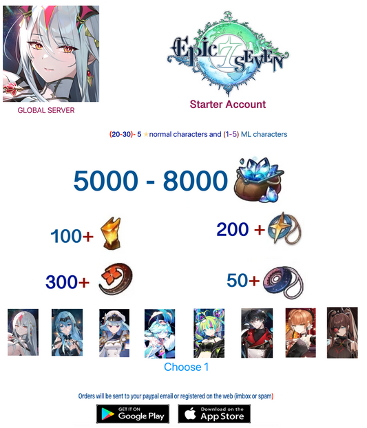 [Global Server] ⭐ 5000-7000  Skystone - (Select 1 ML) +(20-30)5⭐  EPIC SEVEN Fresh Starter Account