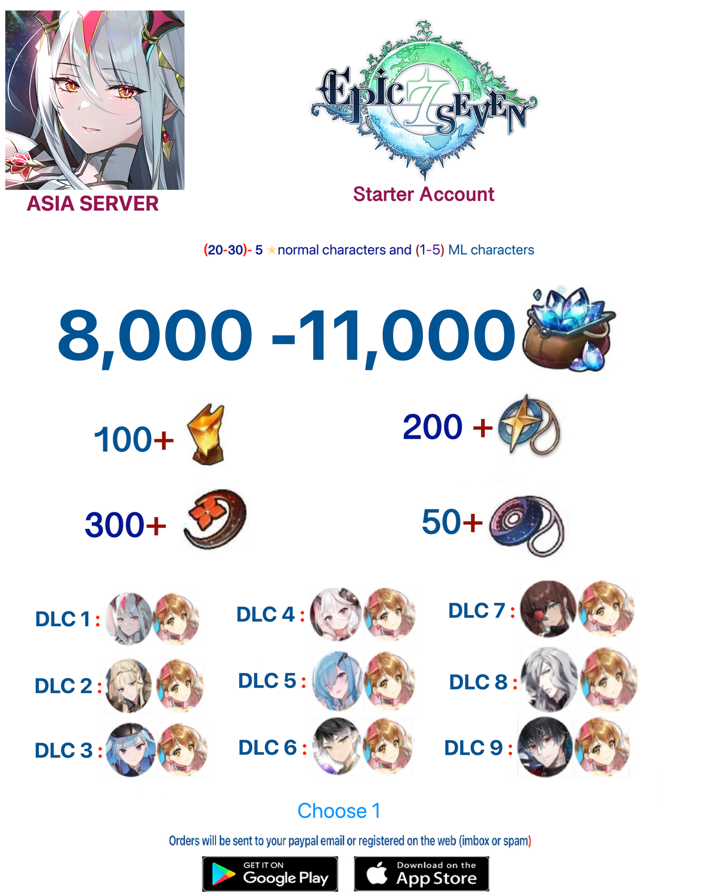 [Asia Server] ⭐ 8000-11,000  Skystone - (Select 1 ML) +(20-30)5⭐  EPIC SEVEN Fresh Starter Account