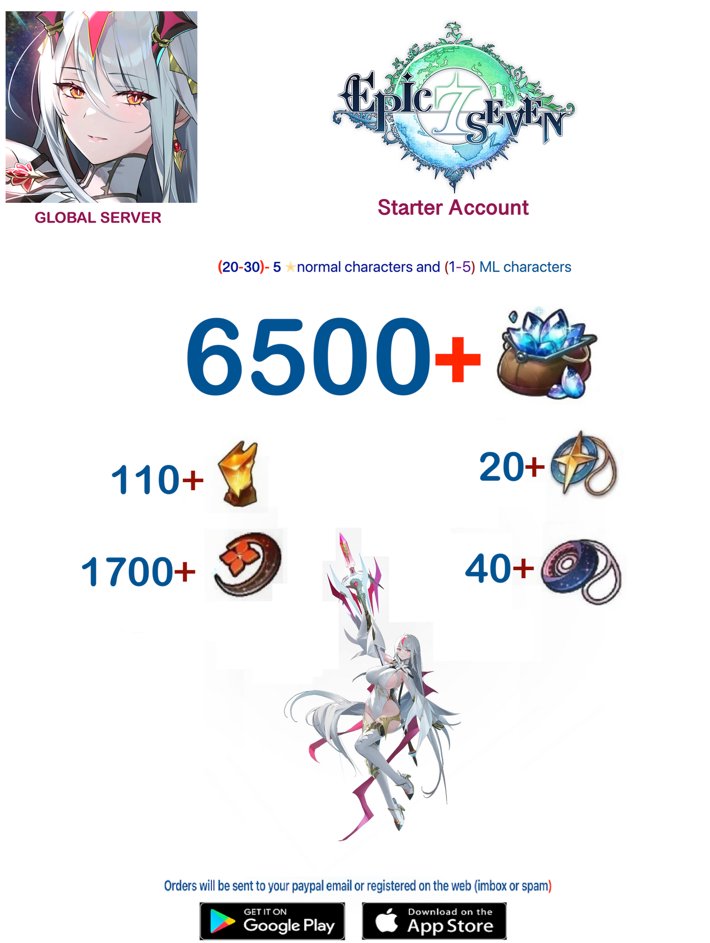 [Global Server ] ⭐  6500  Skystone - New Moon Luna  (15-30)5⭐  EPIC SEVEN Fresh Starter Account