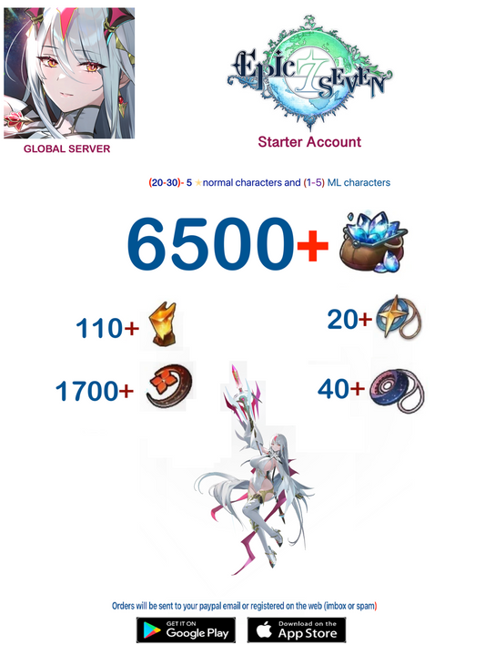 [Global Server ] ⭐  6500  Skystone - New Moon Luna  (15-30)5⭐  EPIC SEVEN Fresh Starter Account