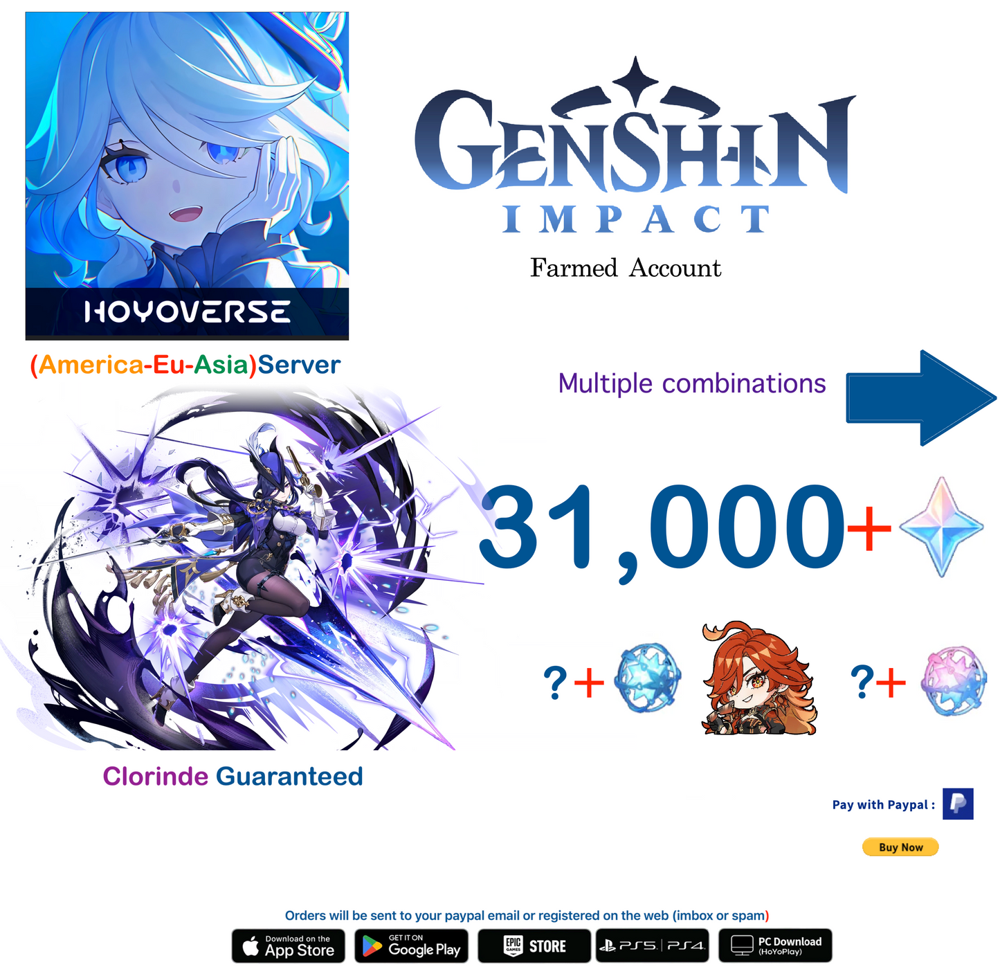 ⭐[All Servers]⭐  31,000 Primogems +  Clorinde - Multiple combinations - Genshin Impact Reroll Farmed Account