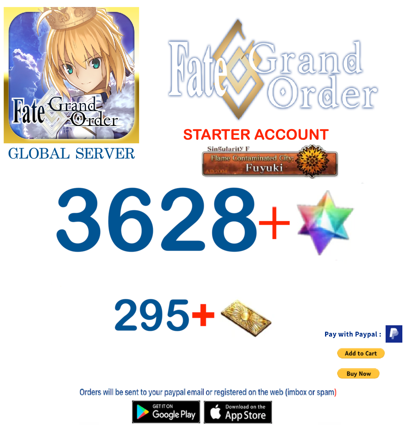 [GLOBAL SERVER][INSTANT DELIVERY] 3600 sq - (245-270) Tickets +SQ Fate Grand Order FGO Quartz  Reroll Starter
