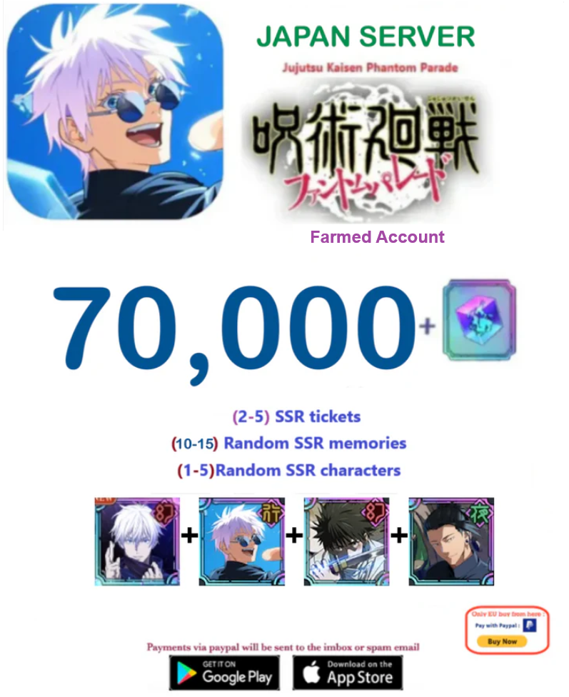 (Japan Server)  70,000  Cubes   Jujutsu Kaisen: Phantom Parade Reroll Farmed Account v1