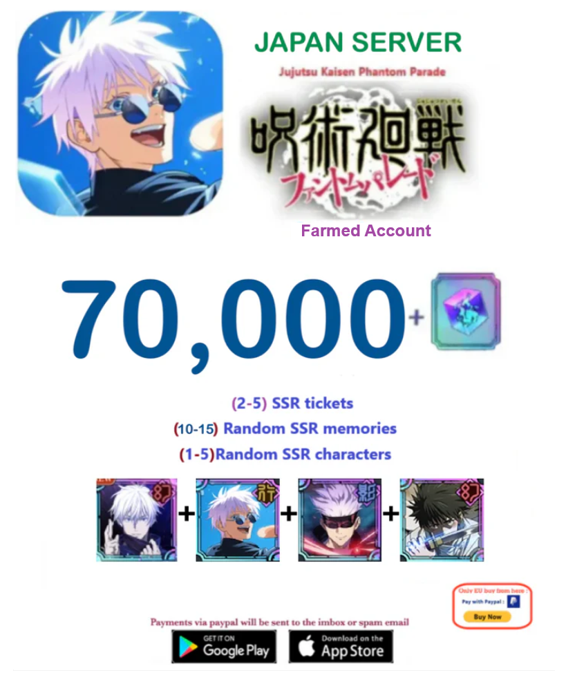 (Japan Server)  70,000  Cubes   Jujutsu Kaisen: Phantom Parade Reroll Farmed Account v2