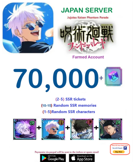 (Japan Server)  70,000  Cubes   Jujutsu Kaisen: Phantom Parade Reroll Farmed Account v3