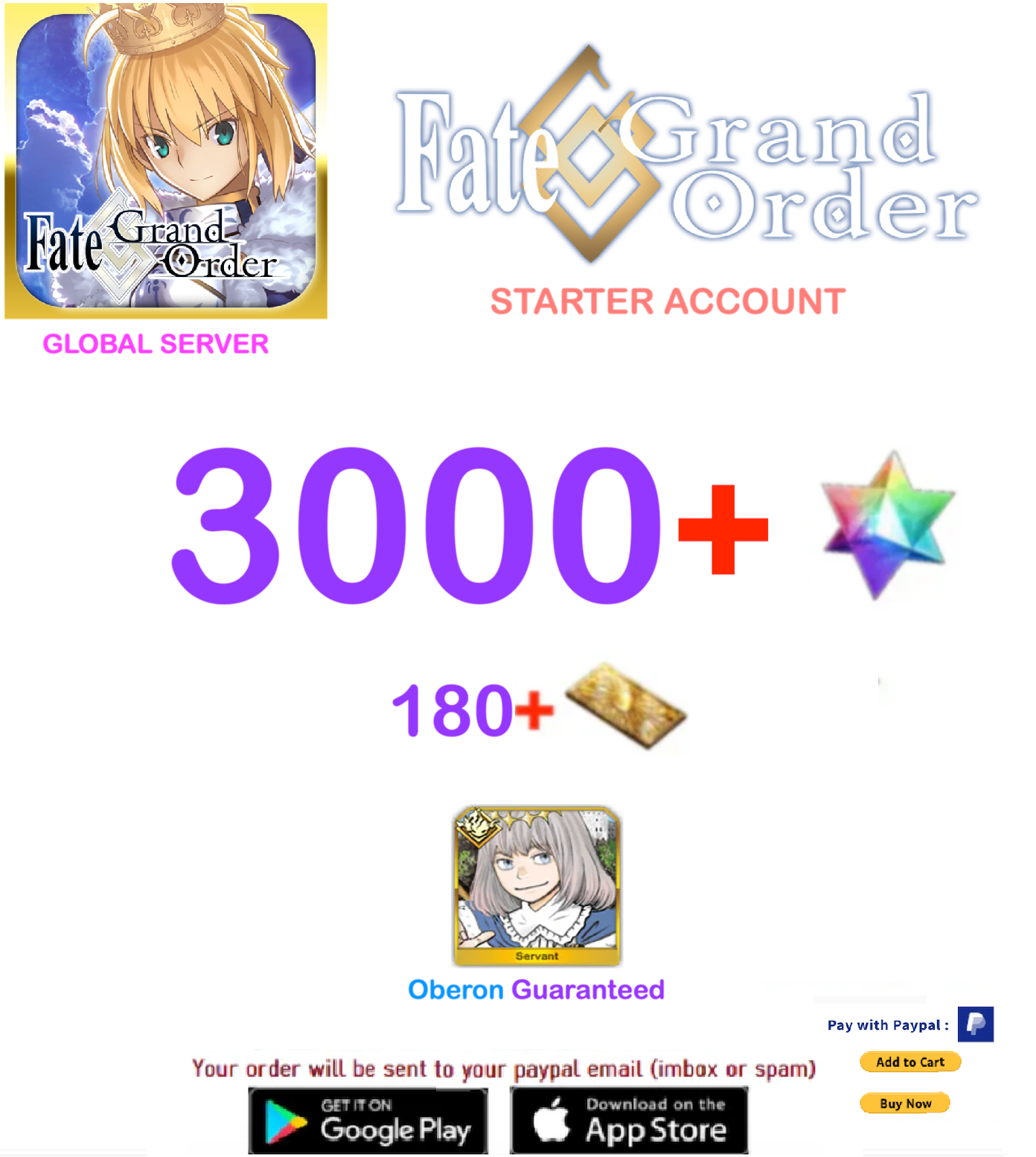 [Global Server] 3000 SQ  + Oberon Fate Grand Order FGO Quartz Starter Account