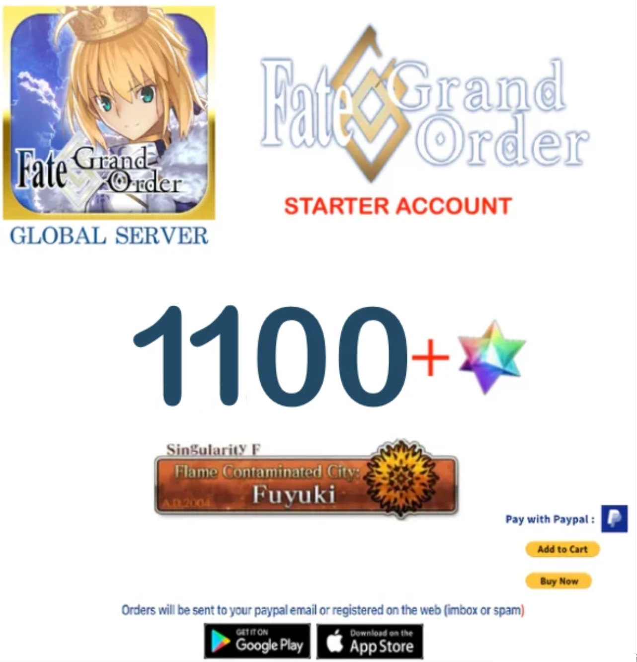 [Global Server] 1100 SQ  Fate Grand Order FGO Quartz Starter Account
