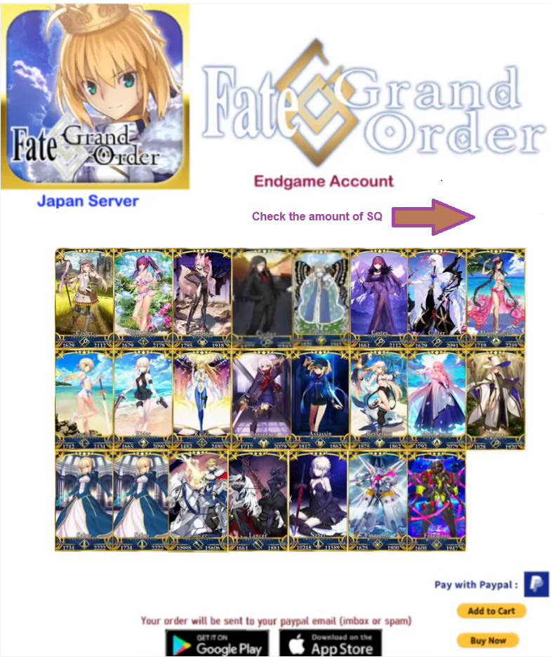 [JP Server]Altria Face 3000-4500 + SQ Fate Grand Order FGO Quartz Endgame Account