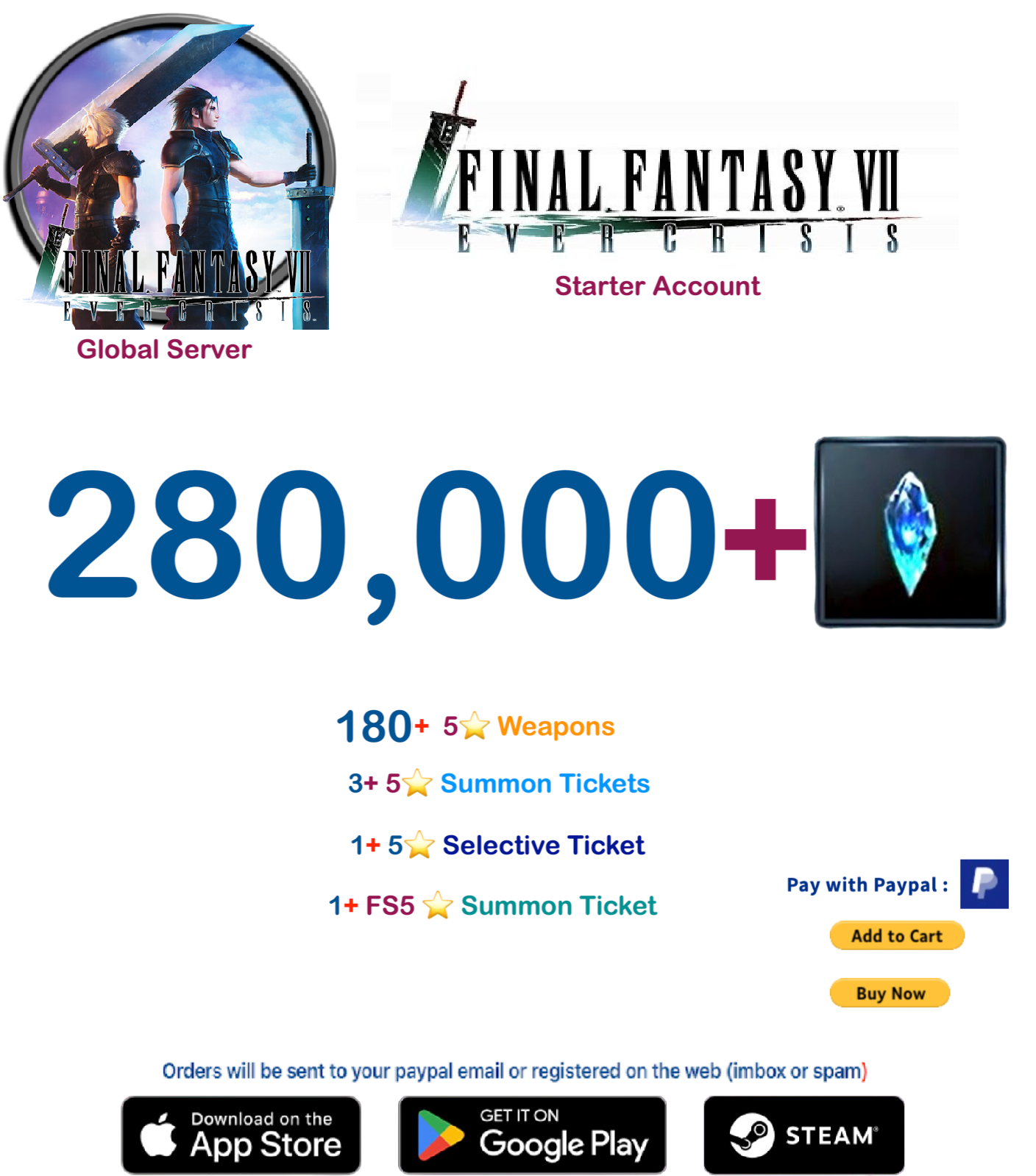 (Global Server)  280,000 +  Crystal   FINAL FANTASY VII EVER CRISIS Starter Account v2
