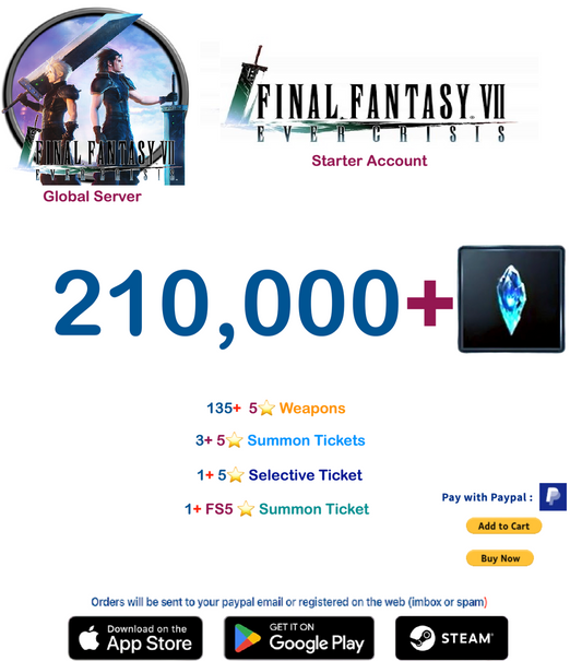 (Global Server)  210,000 +  Crystal   FINAL FANTASY VII EVER CRISIS Starter Account v3