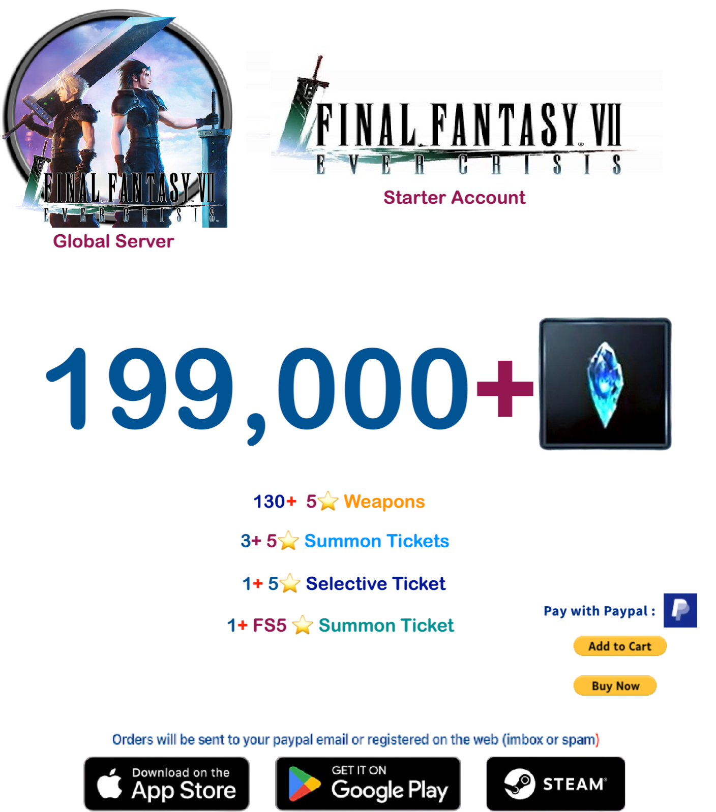 (Global Server)  199,000 +  Crystal   FINAL FANTASY VII EVER CRISIS Starter Account v2