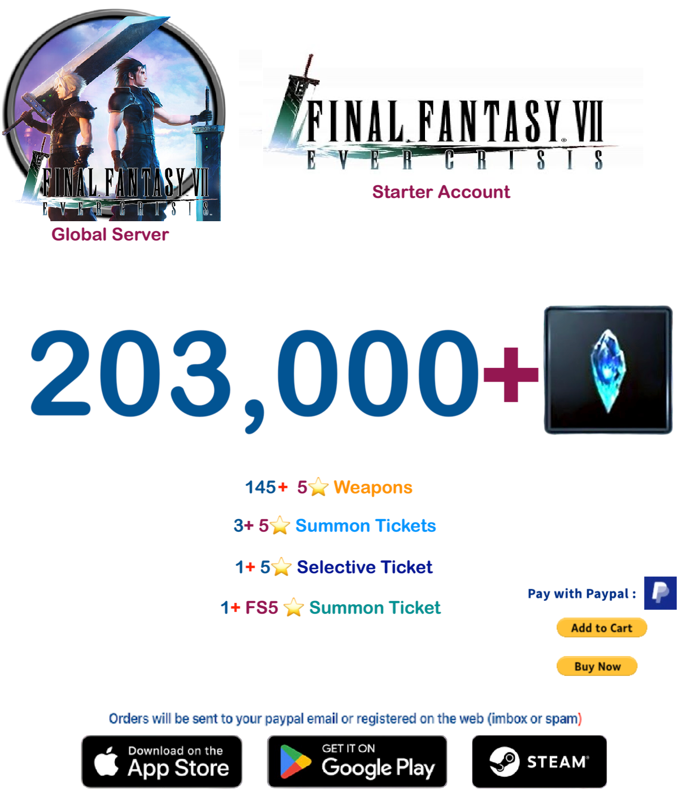 (Global Server)  203,000 +  Crystal   FINAL FANTASY VII EVER CRISIS Starter Account v3