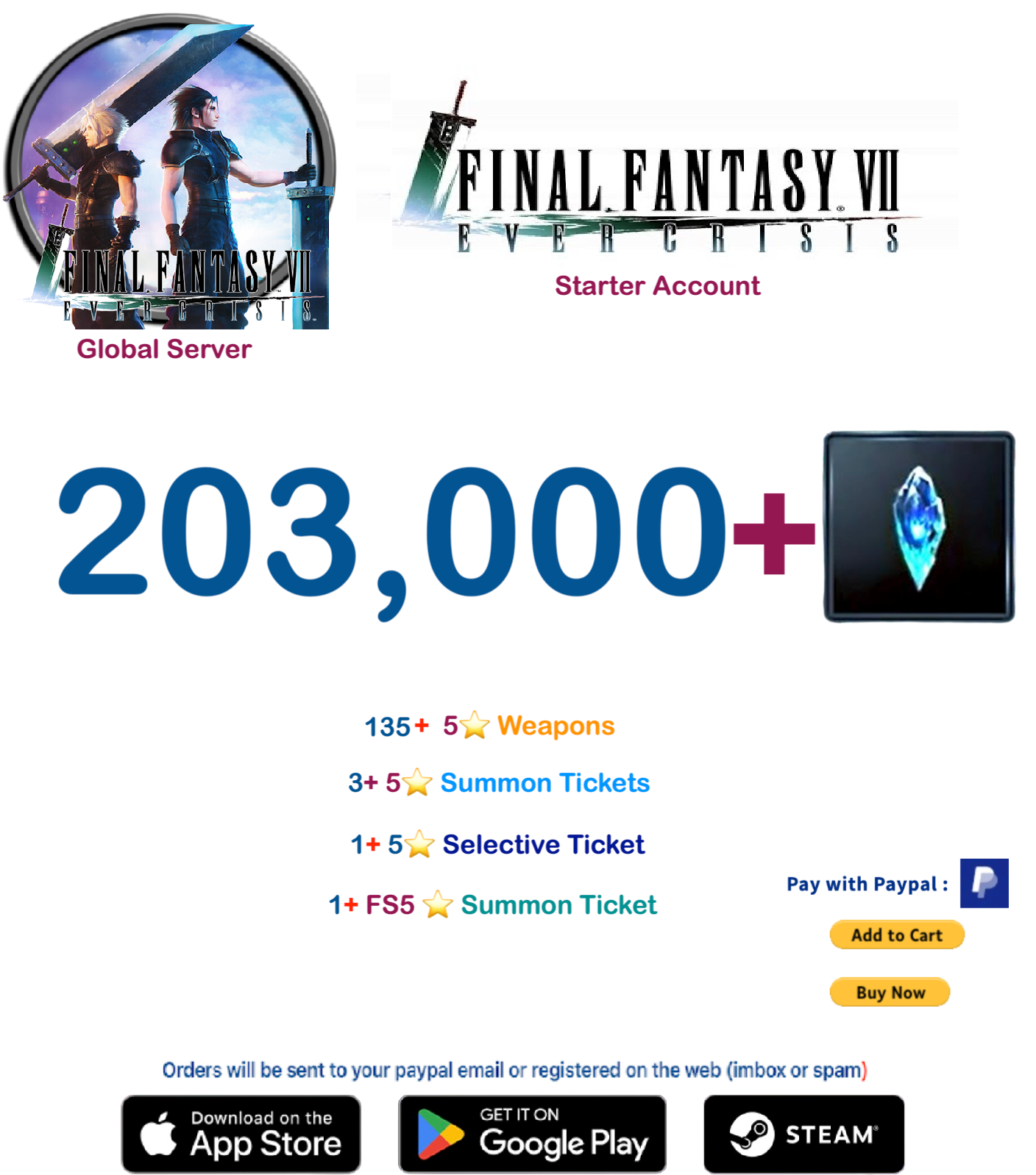 (Global Server)  203,000 +  Crystal   FINAL FANTASY VII EVER CRISIS Starter Account v2