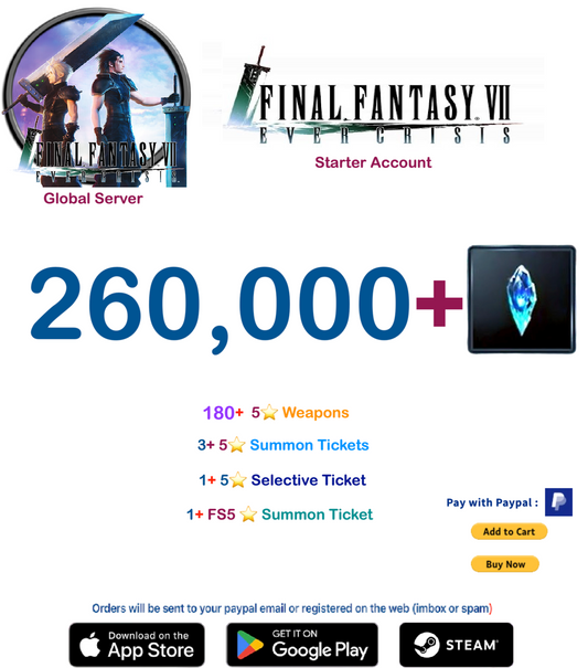 (Global Server)  260,000 +  Crystal   FINAL FANTASY VII EVER CRISIS Starter Account v3