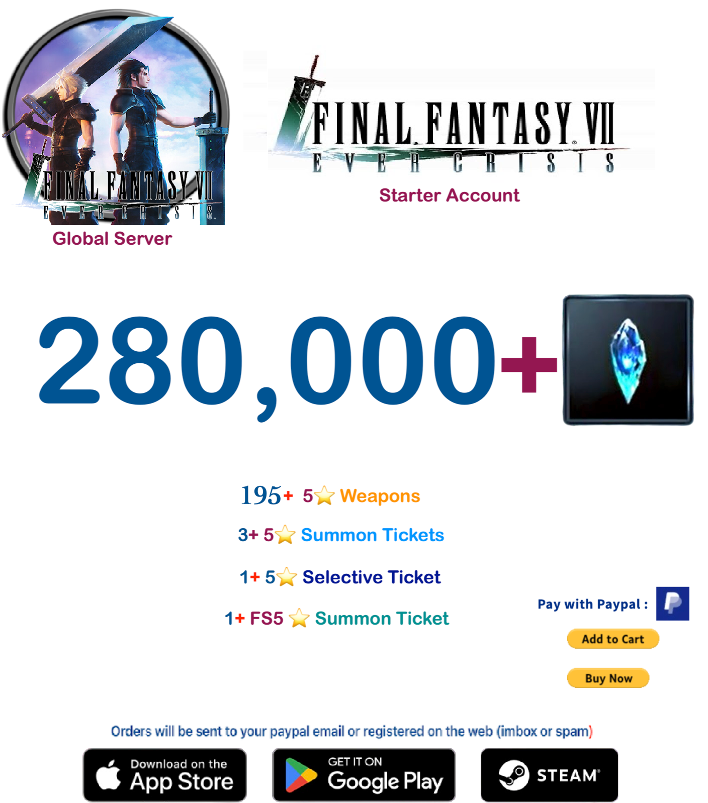 (Global Server)  280,000 +  Crystal   FINAL FANTASY VII EVER CRISIS Starter Account v3