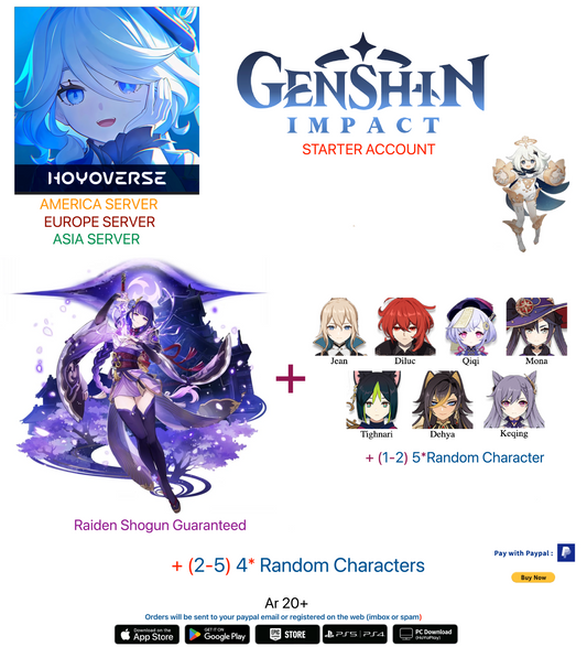 [ALL SERVERS] Raiden Shogun + (1-2)5⭐  Random Character   Genshin Impact  Starter Account