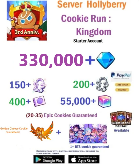 [GLOBAL/Hollyberry] 330,000+Gems  + Golden Cheese Cookie + 1 or more BTS Cookie - Cookie Run: Kingdom Starter Reroll Account