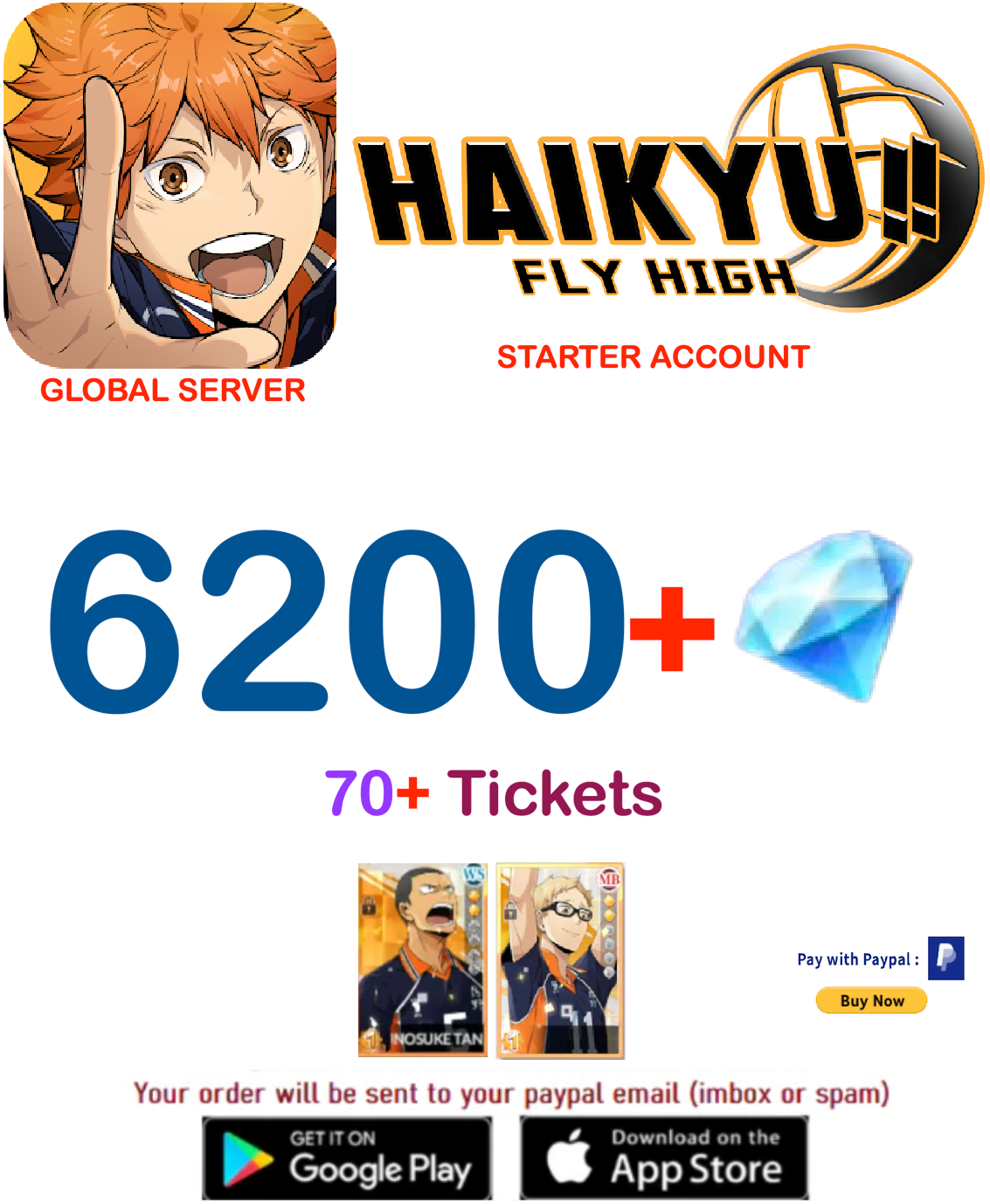 [GLOBAL SERVER/UNLINKED] ?? Gems HAIKYU!! FLY HIGH Starter Account v1