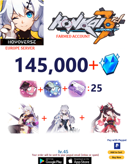 ⭐ Europe Server⭐ Instant Delivery⭐  14,000 Crystals  (25-45) + Supply Cards Honkai Impact 3rd Farmed Account