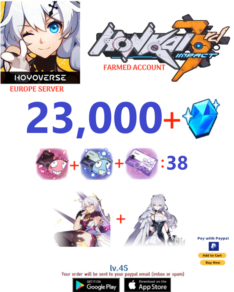 ⭐ Europe Server⭐ Instant Delivery⭐  23,000 Crystals  38 + Supply Cards Honkai Impact 3rd Farmed Account