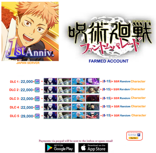 (Japan Server)  29,000  Gems +Multiple combinations available   Jujutsu Kaisen: Phantom Parade Reroll Starter Account