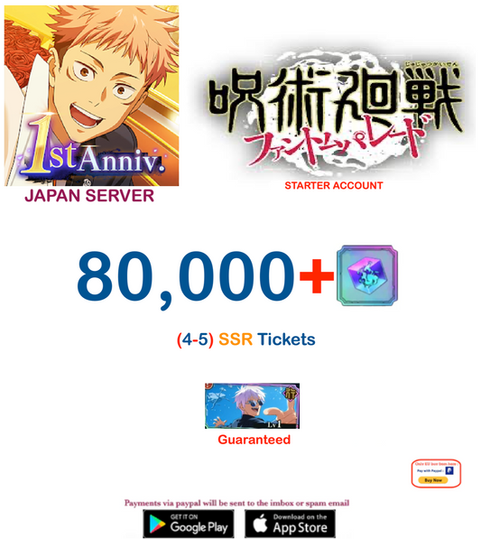 (Japan Server)  80,000  Gems +Gojo Satoru   Jujutsu Kaisen: Phantom Parade Reroll Starter Account