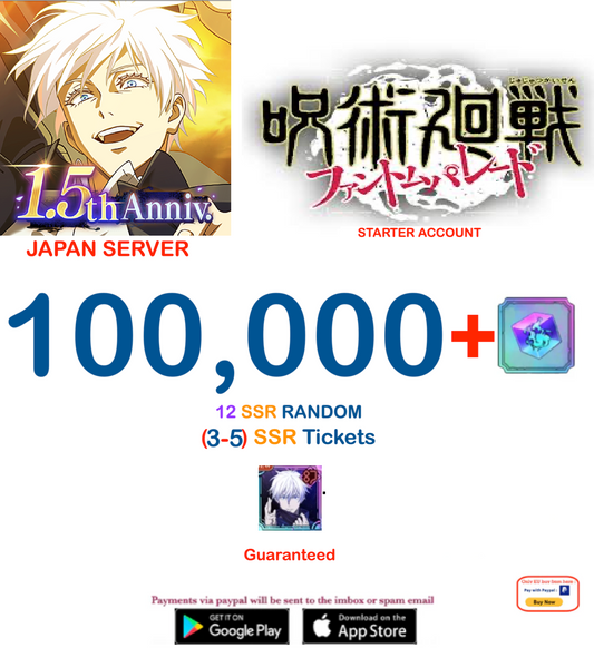 (Japan Server)  100,000  Gems + Gojo Domain   Jujutsu Kaisen: Phantom Parade Reroll Starter Account