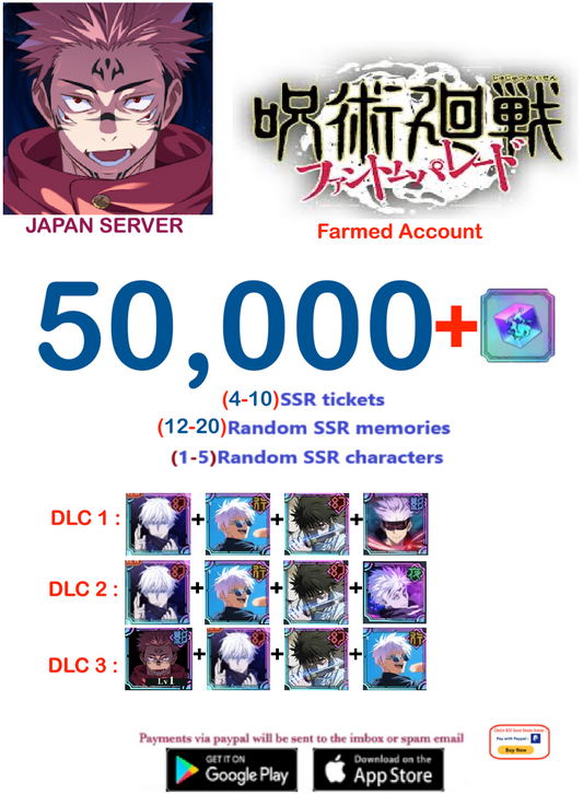 (Japan Server)  50,000  Gems     Jujutsu Kaisen: Phantom Parade Reroll Farmed Account