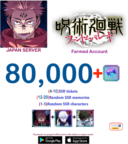 (Japan Server)  80,000  Gems     Jujutsu Kaisen: Phantom Parade Reroll Farmed Account v1