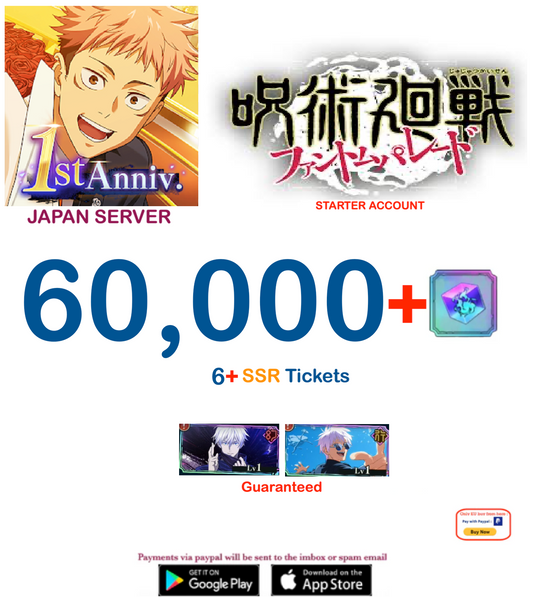 (Japan Server)  60,000  Gems +Gojo v3   Jujutsu Kaisen: Phantom Parade Reroll Starter Account