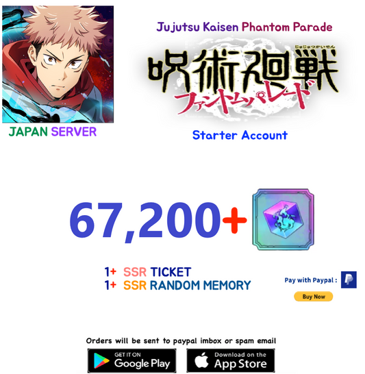 (Japan Server)  67,200  Gems   (BUY 2- GET 3 ) Jujutsu Kaisen: Phantom Parade Reroll Starter Account