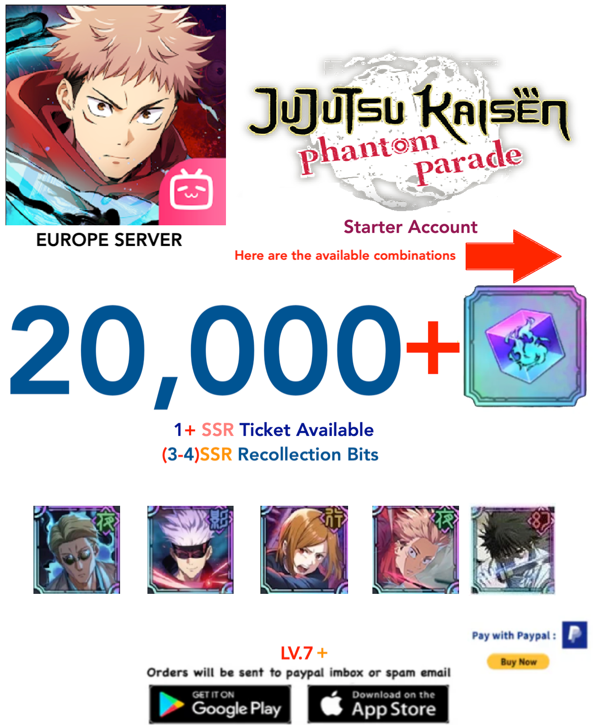 (Europe Server)Selectable Characters --   Jujutsu Kaisen: Phantom Parade Reroll Starter Account