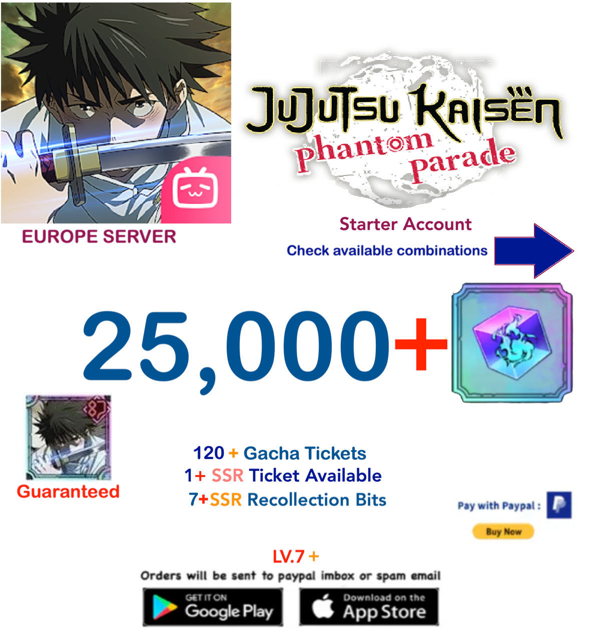 (EU Server) Check available combinations Jujutsu Kaisen: Phantom Parade Reroll Starter Account