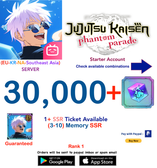 (NA-EU-SEA Server) 30.000 Gems  (The Strongest Blue) Satoru Gojo (Teen)  Jujutsu Kaisen: Phantom Parade Reroll Starter Account