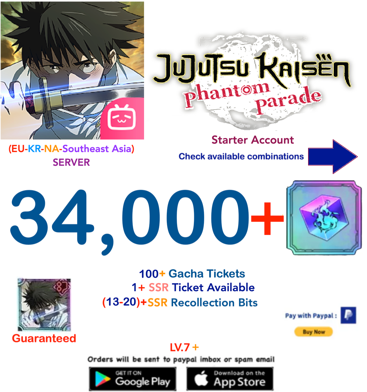 (NA-EU-KR-SA Server) 34.000 - 100 tickets  Gems  Jujutsu Kaisen: Phantom Parade Reroll Starter Account