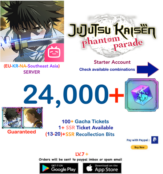 (NA-EU-KR-SA Server) 24.000 - 100 tickets  Gems  Jujutsu Kaisen: Phantom Parade Reroll Starter Account